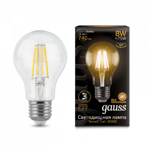 Лампа светодиодная Gauss Filament A60 E27 8W 2700К 1/10/40