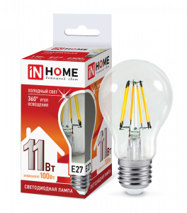 Лампа светодиодная LED-A60-deco 11Вт 230В Е27 6500К 1160Лм прозрачная IN HOME