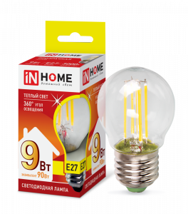 Лампа светодиодная LED-ШАР-deco 9Вт 230В Е27 3000К 1040Лм прозрачная IN HOME