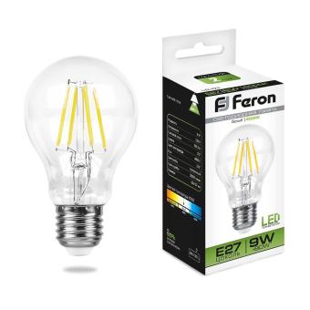 Лампа светодиодная филамент FERON LB-63, A60 , 9W 230V E27 4000К (белый), рассеиватель прозрачный 950Lm, угол рассеивания 270°, 107*60мм
