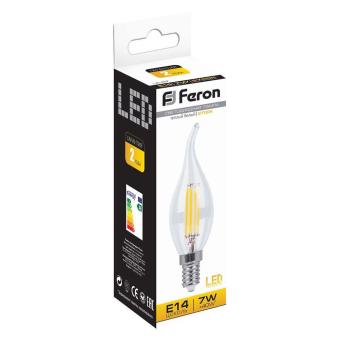 Лампа сд Е14 C35 7W 2700K филамент свеча на ветру прозрач. LB-67Feron