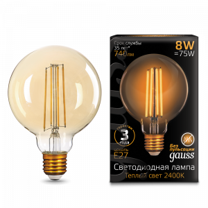 Лампа светодиодная Е27 G95  8W 2400K Golden Gauss Filament