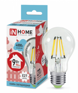 Лампа светодиодная LED-A60-deco 9Вт 230В Е27 4000К 1040Лм прозрачная IN HOME