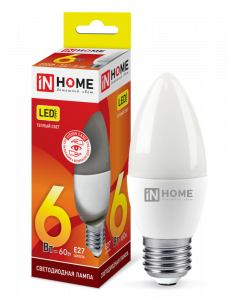 Лампа светодиодная LED-СВЕЧА-VC 6Вт 230В Е27 3000К 570Лм IN HOME