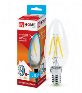 Лампа светодиодная LED-СВЕЧА-deco 9Вт 230В Е14 4000К 1040Лм прозрачная IN HOME