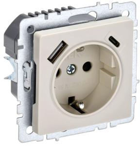 Розетка 1-м 16А С/У З/К со шторками+USB A+С 18Вт Бежевый Brite