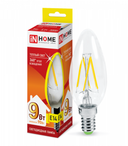 Лампа светодиодная LED-СВЕЧА-deco 9Вт 230В Е14 3000К 1040Лм прозрачная IN HOME