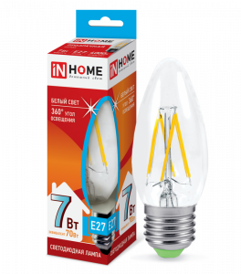 Лампа светодиодная LED-СВЕЧА-deco 7Вт 230В Е27 4000К 630Лм прозрачная IN HOME
