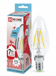 Лампа светодиодная LED-СВЕЧА-deco 7Вт 230В Е14 4000К 810Лм прозрачная IN HOME