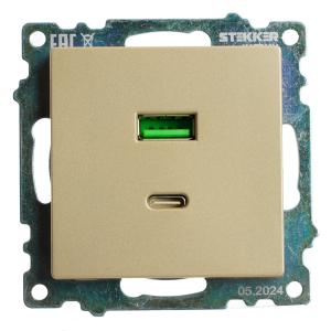 Розетка USB 2-м + type C 250В 3А max 20W С/У Золото Катрин