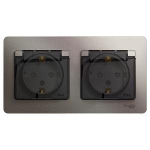 Розетка 2-м 16А С/У З/К со шторками с крышкой в сборе с рамкой IP44 Платина Glossa
