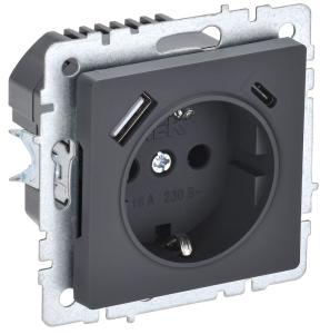 Розетка 1-м 16А С/У З/К со шторками+USB A+С 18Вт Графит Brite