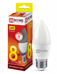Лампа светодиодная LED-СВЕЧА-VC 8Вт 230В Е27 3000К 720Лм IN HOME