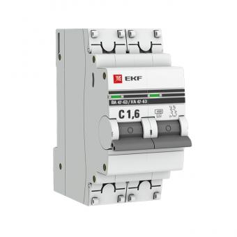 Автоматический выключатель 2P  1,6А (C) 4,5kA ВА 47-63 EKF PROxima