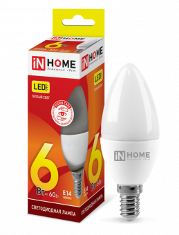 Лампа светодиодная LED-СВЕЧА-VC 6Вт 230В Е14 3000К 570Лм IN HOME
