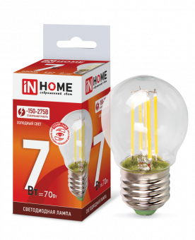 Лампа светодиодная LED-ШАР-deco 7Вт 230В Е27 6500К 810Лм прозрачная IN HOME