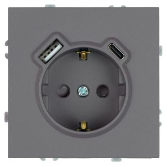 Розетка 1-м 16А С/У З/К со шторками+USB + Type C Платиново-серый Эмили