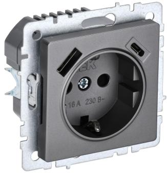 Розетка 1-м 16А С/У З/К со шторками+USB A+С 18Вт Сталь Brite