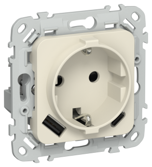 Розетка 1-м 16А С/У З/К со шторками+USB A+С 20Вт Б/К Сливочный FLITE