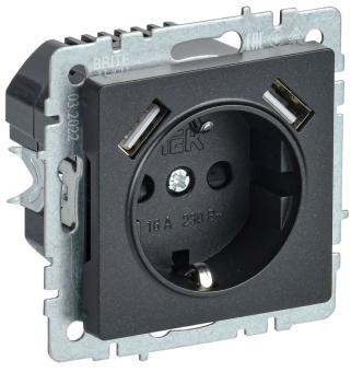 Розетка 1-м 16А С/У З/К со шторками+USB A+А 2.1А Черный Brite
