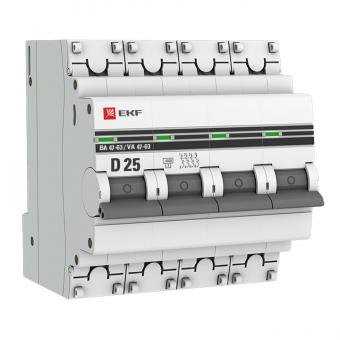 Автоматический выключатель 4P 25А (D) 4,5kA ВА 47-63 EKF PROxima