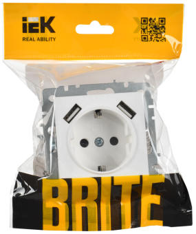 Розетка 1-м 16А С/У З/К со шторками+USB A+A 5В 3,1А Арктический Белый Brite