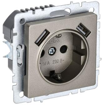 Розетка 1-м 16А С/У З/К со шторками+USB A+А 3.1А Шампань Brite