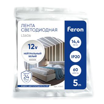 Лента светодиодная 12В  14,4Вт/м IP20 60SMD/5050 4000К LS606 Feron