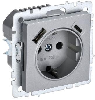 Розетка 1-м 16А С/У З/К со шторками+USB A+С 18Вт Алюминий Brite