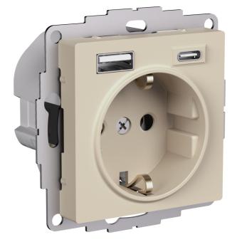 Розетка 1-м 16А С/У З/К со шторками+USB A+С 5В 3А Песочный AtlasDesign