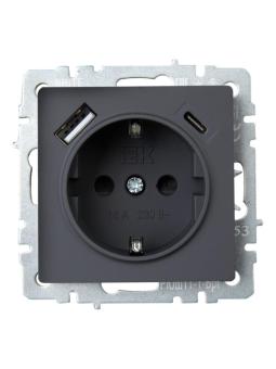 Розетка 1-м 16А С/У З/К со шторками+USB A+С 18Вт Графит Brite