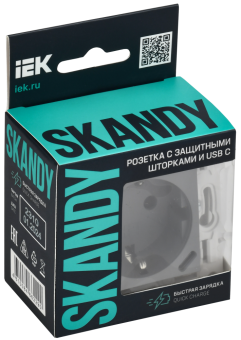 Розетка 1-м 16А С/У З/К со шторками+USB С 18Вт Серый Skandy