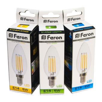 Лампа сд Е14 C35 5W 4000K филамент свеча  прозрач. LB-58 Feron