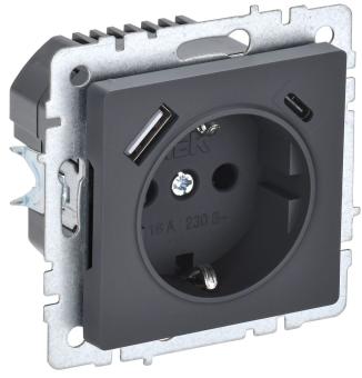 Розетка 1-м 16А С/У З/К со шторками+USB A+С 18Вт Графит Brite