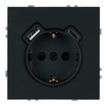 Розетка 1-м 16А С/У З/К со шторками+USB + Type C Черный уголь Эмили