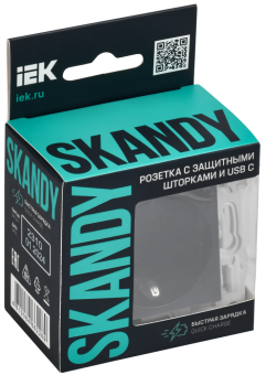 Розетка 1-м 16А С/У З/К со шторками+USB С 18Вт Графит Skandy