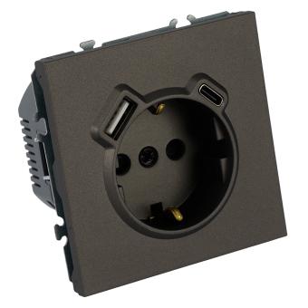 Розетка 1-м 16А С/У З/К со шторками+USB + Type C Антрацит Эмили