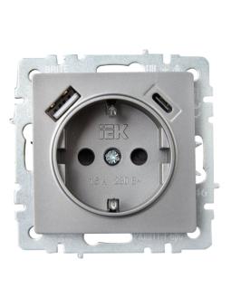 Розетка 1-м 16А С/У З/К со шторками+USB A+С 18Вт Сталь Brite