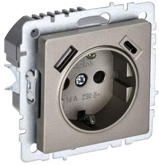 Розетка 1-м 16А С/У З/К со шторками+USB A+С 18Вт Шампань Brite