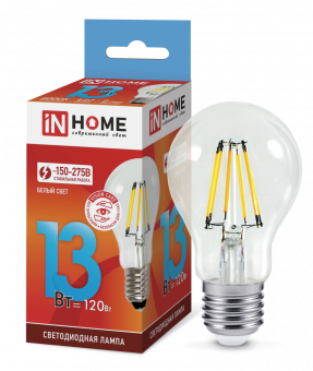 Лампа светодиодная LED-A60-deco 13Вт 230В Е27 4000К 1370Лм прозрачная IN HOME