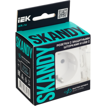 Розетка 1-м 16А С/У З/К со шторками+USB С 18Вт Арктический белый Skandy