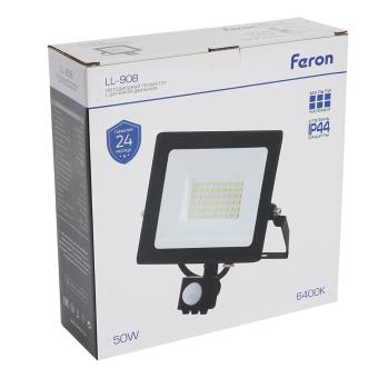 Прожектор светодиодный с датчиком движения 50W 6400K 230V черный IP44, LL-908