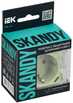 Розетка 1-м 16А С/У З/К со шторками+USB С 18Вт Мятный Skandy