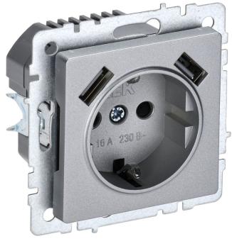 Розетка 1-м 16А С/У З/К со шторками+USB A+А 2.1А Алюминий Brite