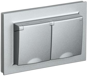 Розетка 2-м 16А С/У З/К c крышками IP44 в сборе Алюминий Brite