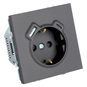 Розетка 1-м 16А С/У З/К со шторками+USB + Type C Платиново-серый Эмили
