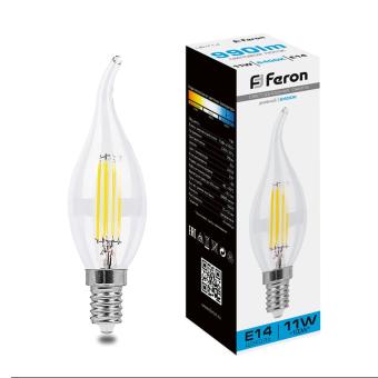 Лампа сд Е14 C35 11W 6400K филамент свеча на ветру прозр. LB-714 Feron